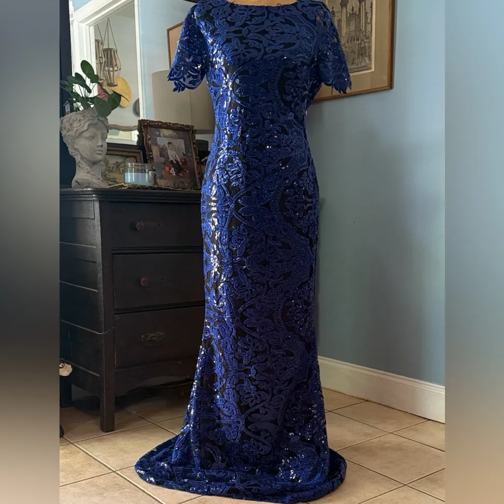 Marchesa Notte Cobalt Blue Metallic Lace Evening Gown NWT Size 4 - Image 5