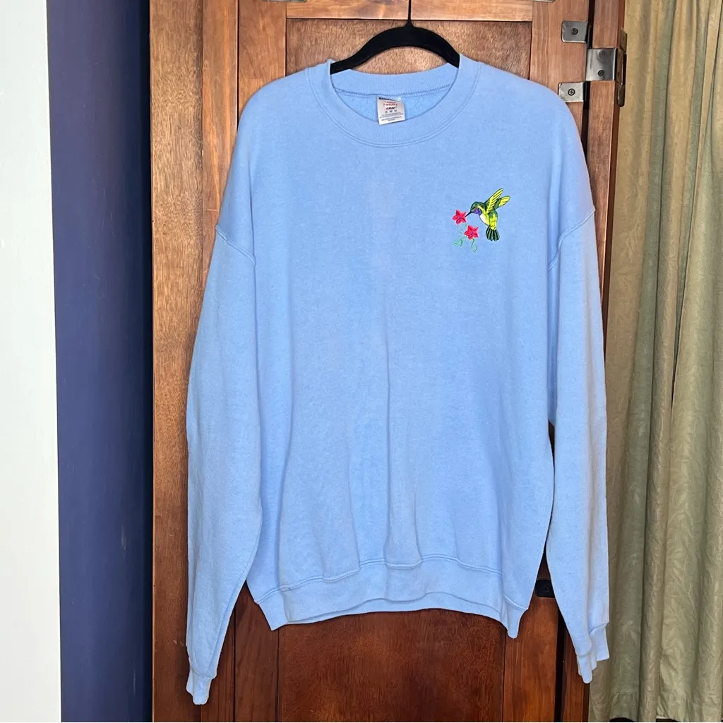 Vintage Jerzees Blue Embroidered Hummingbird Sweatshirt XL Retro Bird Floral - Image 2
