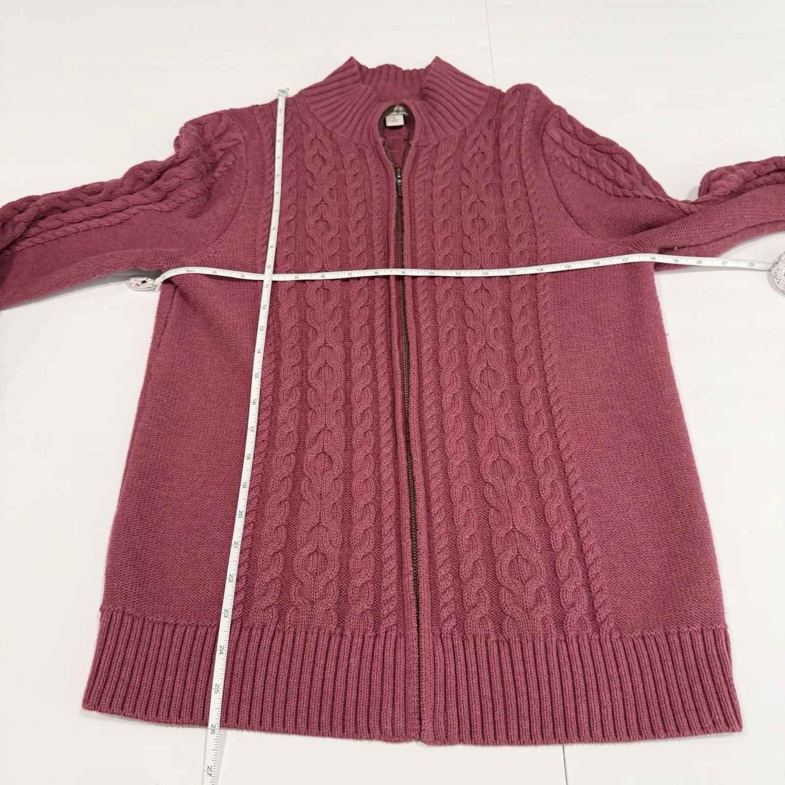 LL Bean Pink Double L Mixed Cable Full Zip Mock Neck Cotton Sweater Size LARGE - Image 7
