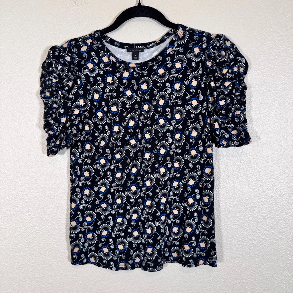Ann Taylor Black Floral Ruched Sleeve Blouse Womens S Preppy Fall Classic Puff - Image 9