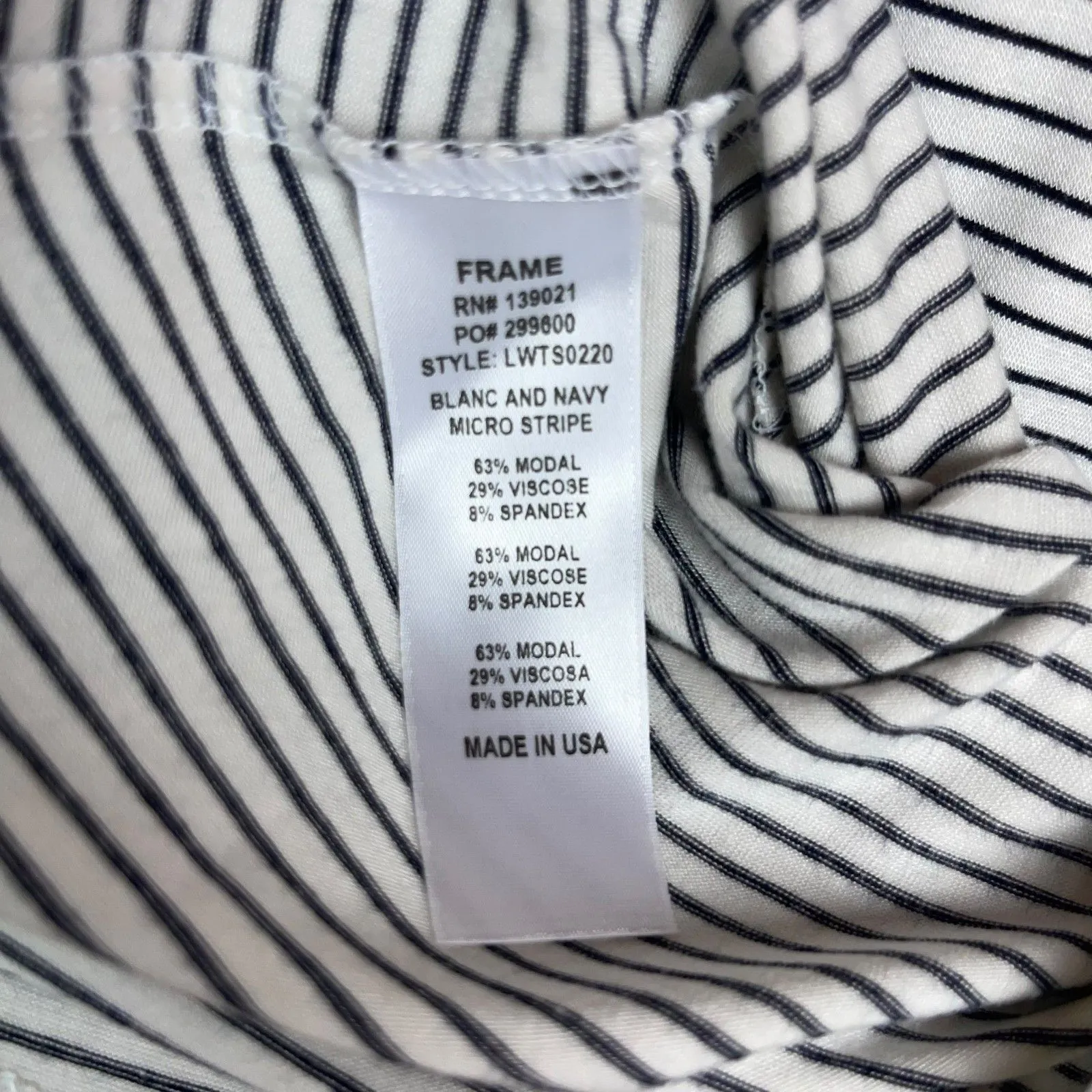 FRAME Micro Stripe Modal Tee in White & Navy - Image 7