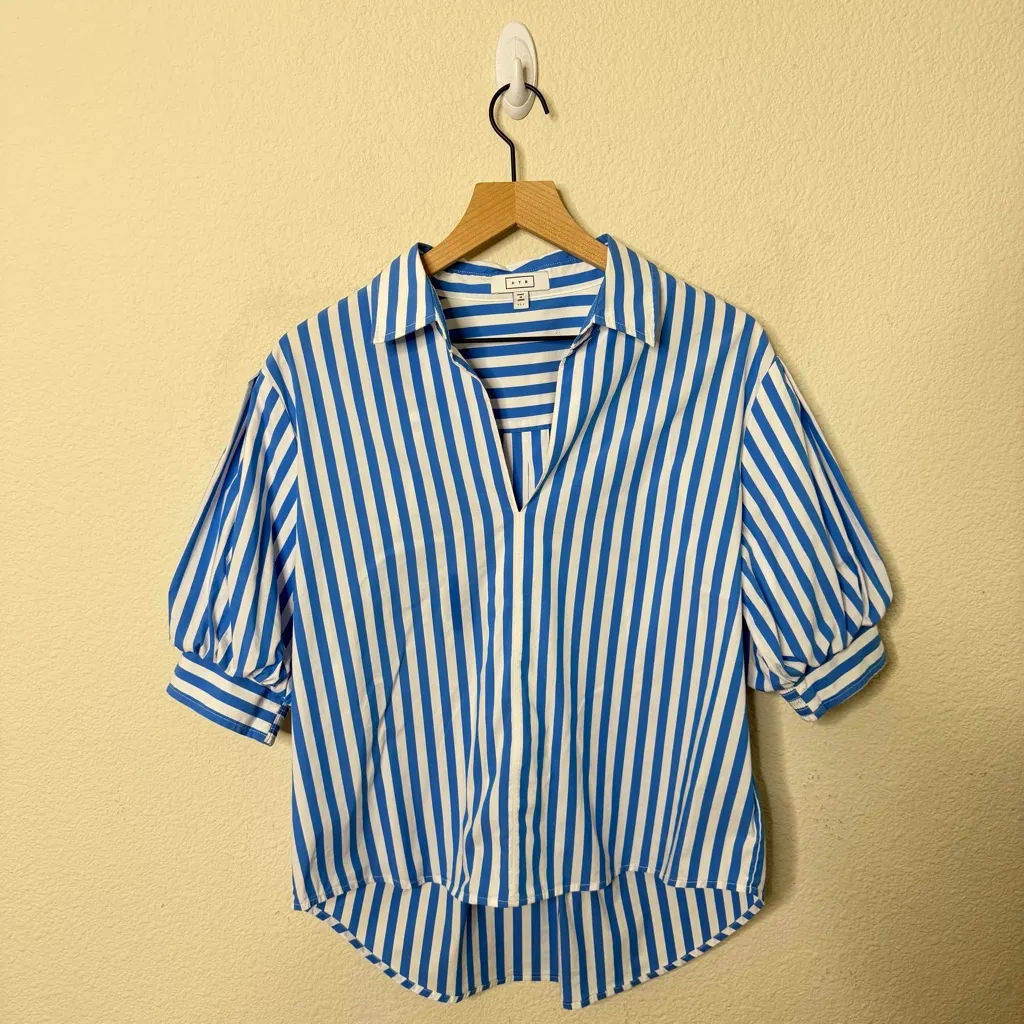 AYR Capeside Striped Puff Sleeve Popover Blouse Athens Blue Cotton Poplin Size L - Image 4