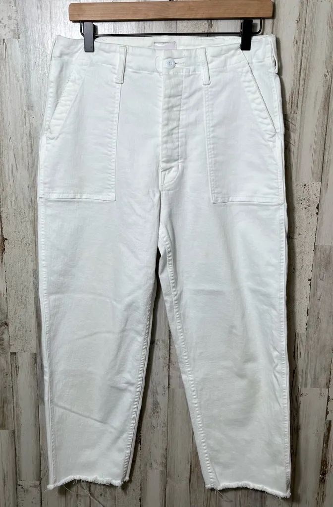 MOTHER Denim The Patch Pocket Private Ankle Fray White Straight Jeans Womens 28 White - Image 1