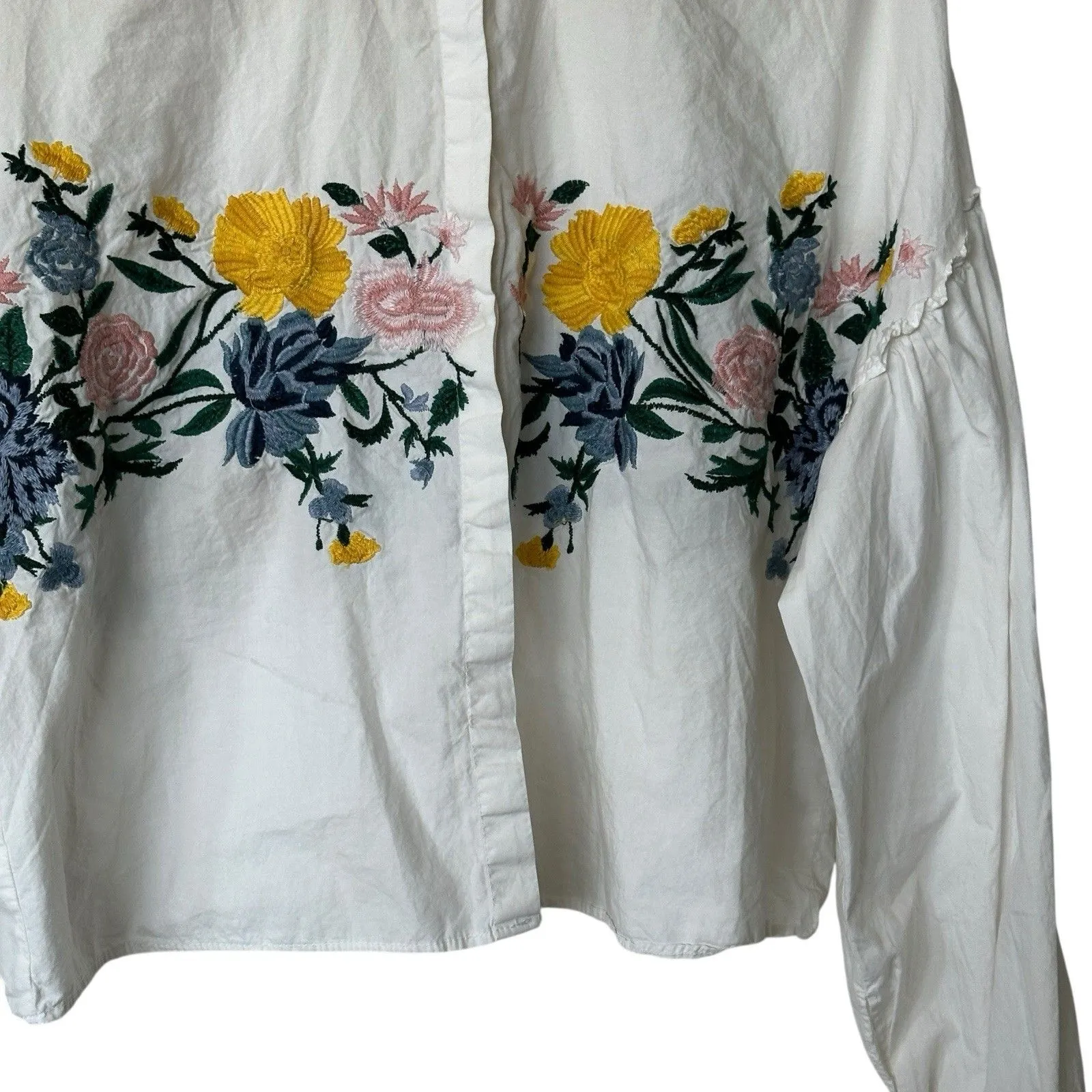 ZARA L White Floral Embroidered Ballon  Sleeves Peasant Relaxed Blouse Top - Image 6