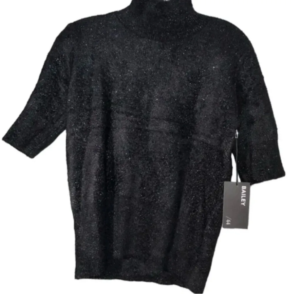 Anthro Bailey 44 Women’s Shiny Black Short Sleeve Sweater Sz M NWT MSRP: $150 - Image 2