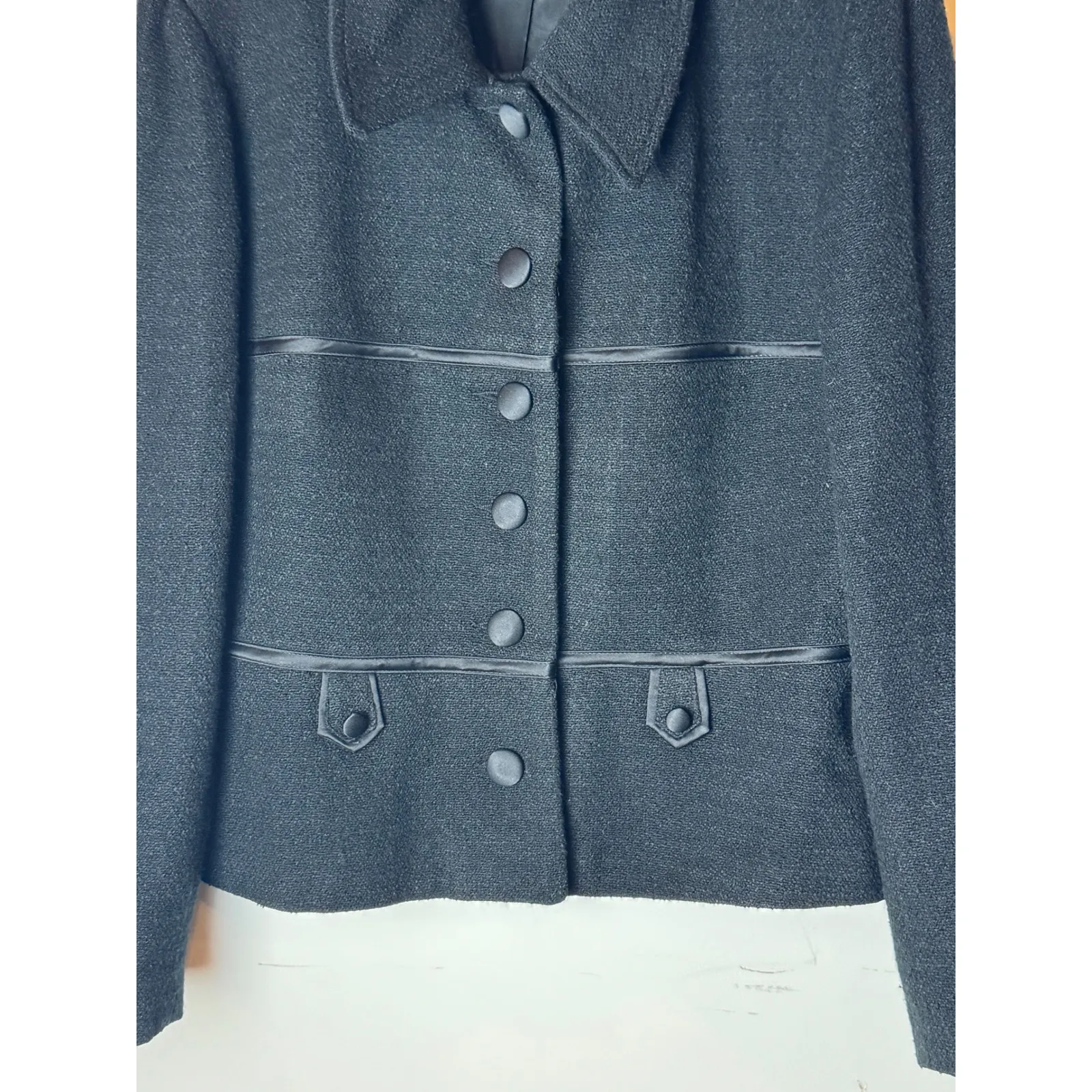 Neiman Marcus Coat Women Medium Black Wool Tweed Satin Trim Blazer Vintage Retro - Image 6