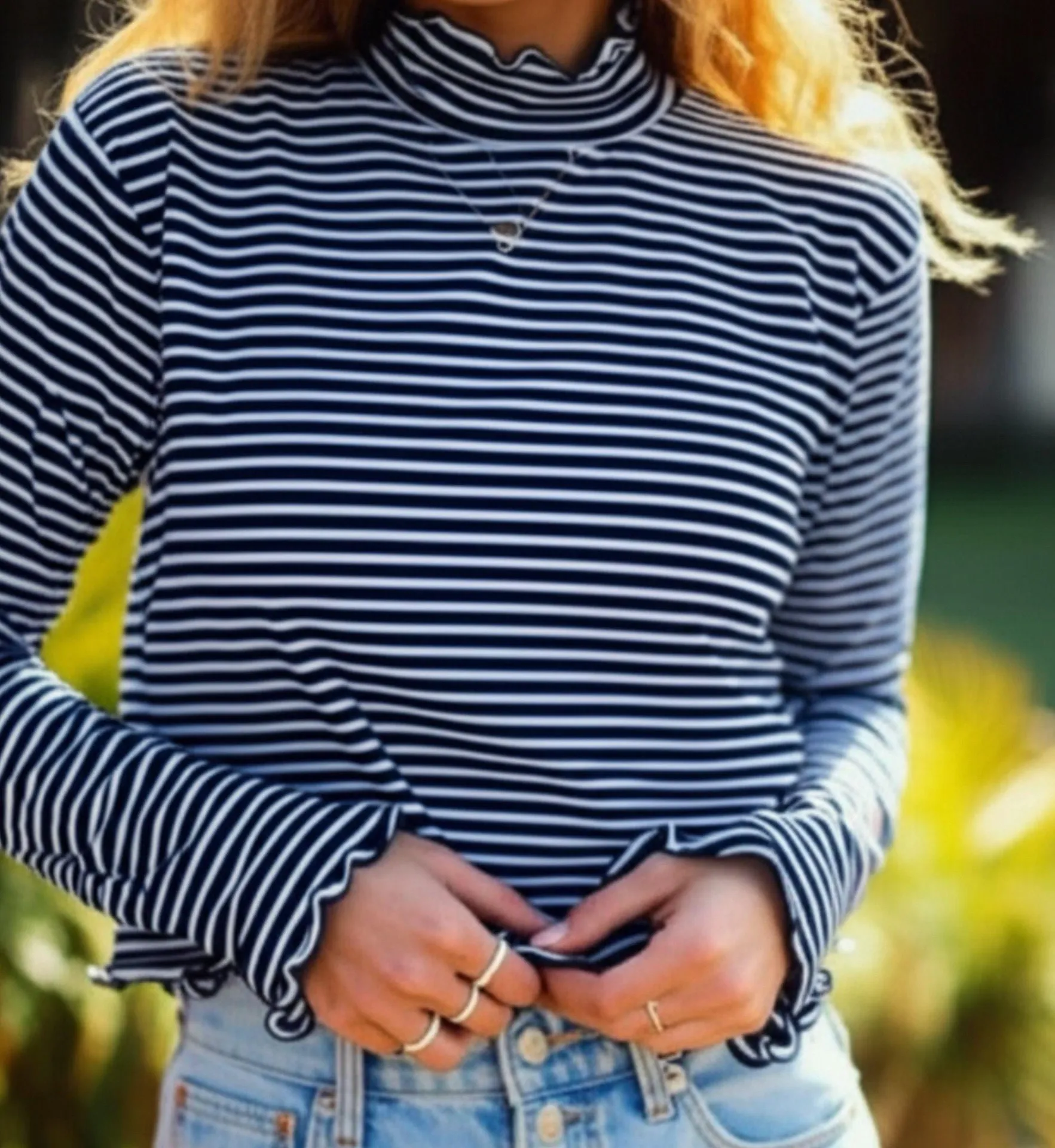 NWT Flag & Anthem Womens XL Boho Ruffle Navy Striped Top Mock Neck Long Sleeve - Image 17