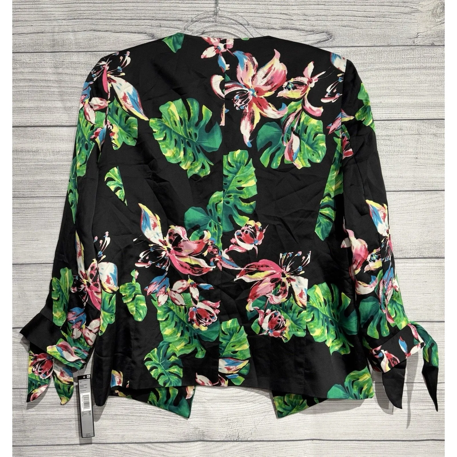 Tahari ASL Women's Palm-Print Tie-Sleeve BLAZER 6p Black/Pink/Green - Image 2