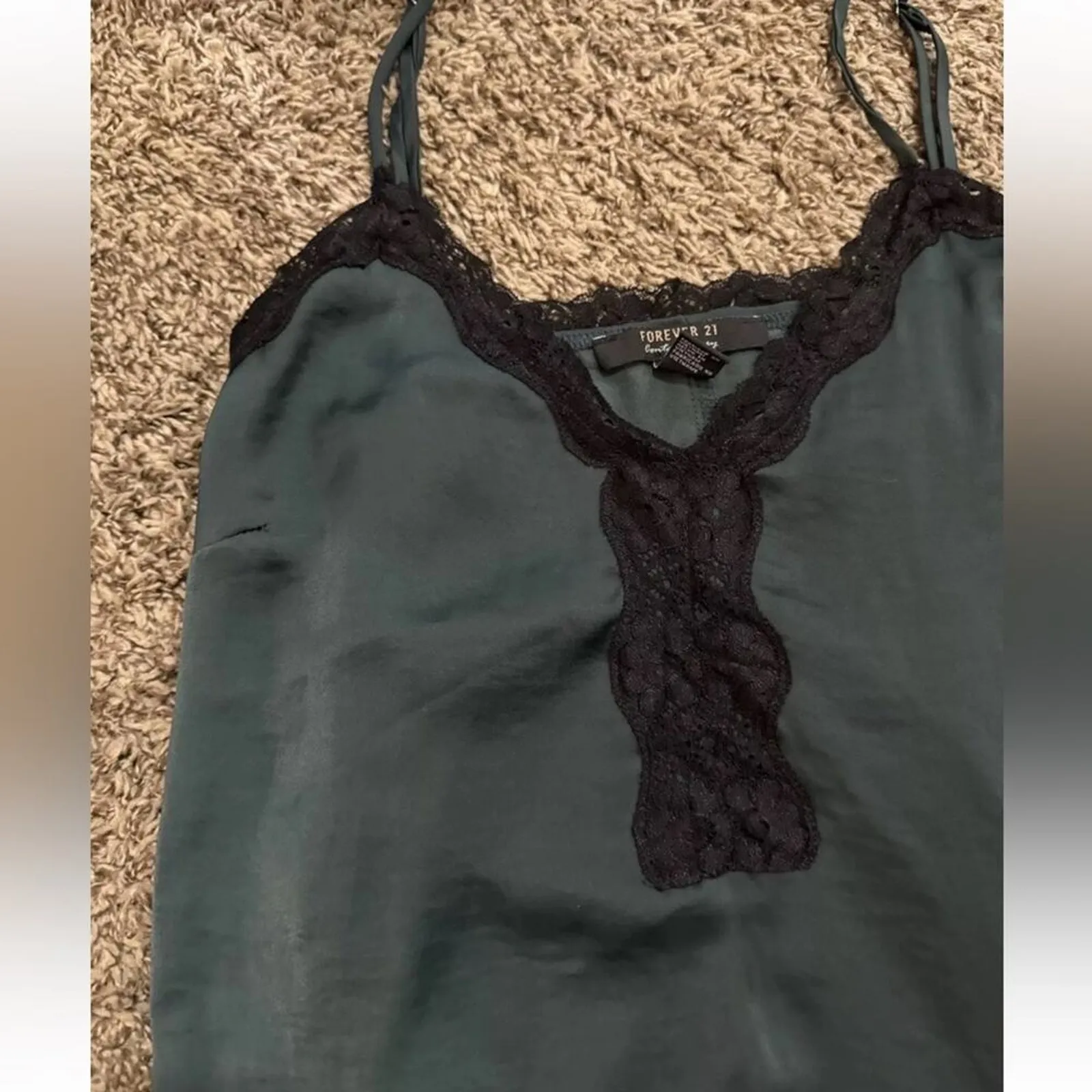 FOREVER 21 WOMENS DRESS CAMI NIGHTIE TANK EMERALD GREEN BLACK LACE SIZE M‎ SILKY - Image 2