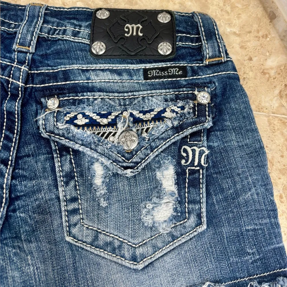 Miss Me Blue Distressed Jean Shorts with Bohemian Patches - Image 3
