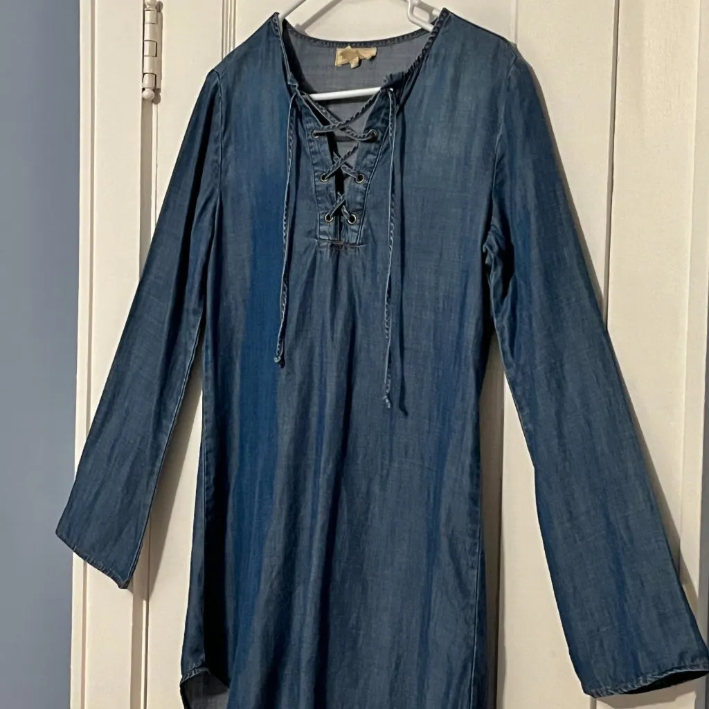 Cloth & Stone chambray denim mini dress lace up boho western inspired size XS - Image 3