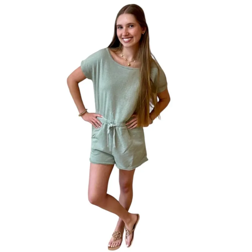 LAST ONE!! Tory Drawstring Waist Romper in Sage Green Size Large - Image 2