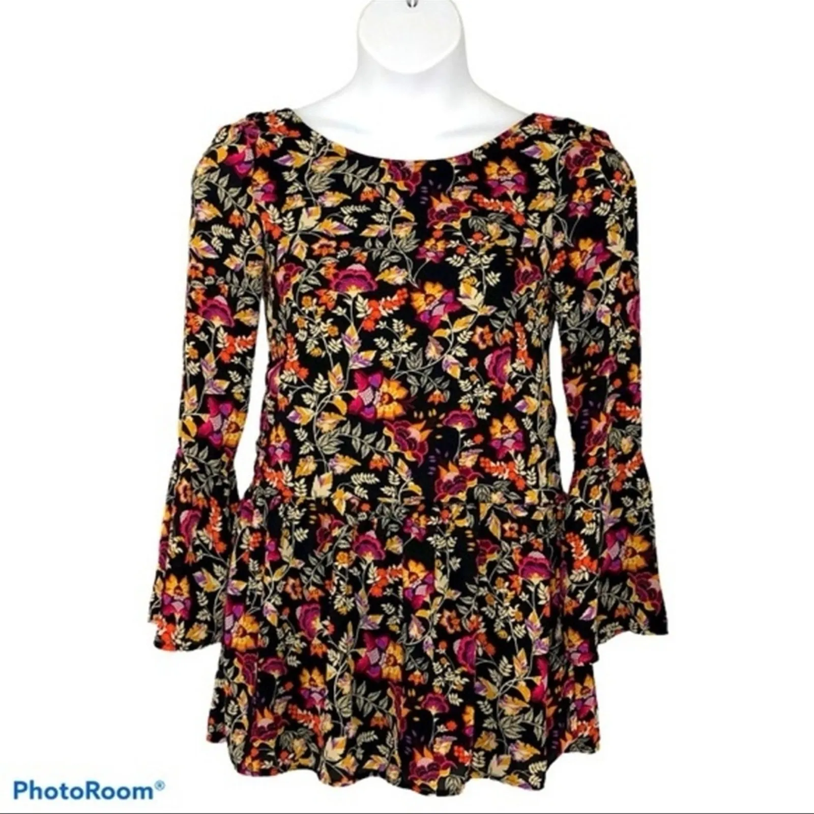H&M Divided Y2K Floral Mini Dress Bell Sleeves Drop Waist Size 4 - Image 2
