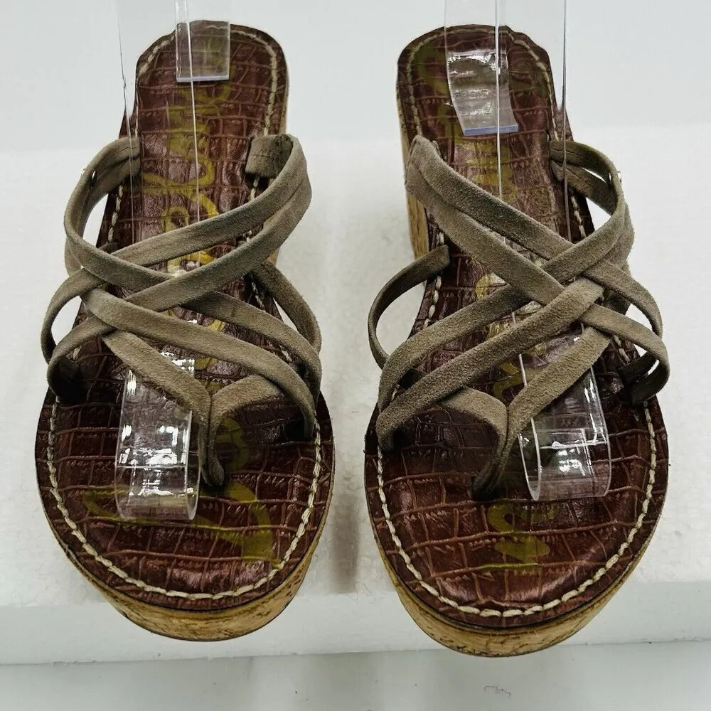 Sam Edelman Sz 8 Reana Taupe Suede Strappy Boho Neutral Earthy 3" Wedge Sandals - Image 2