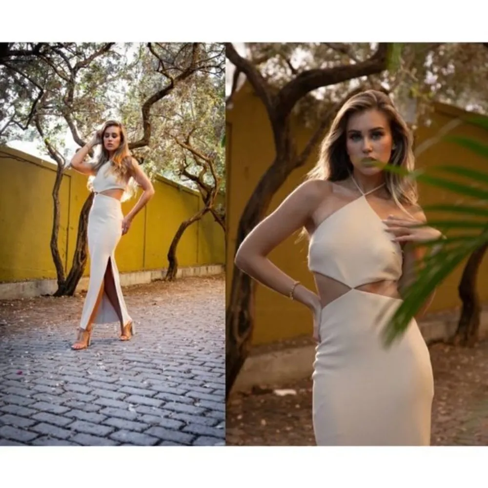 BEC & BRIDGE Iris Cut-Out Halter Midi Dress Side Slit in Cream Beige Size US 8 - Image 3