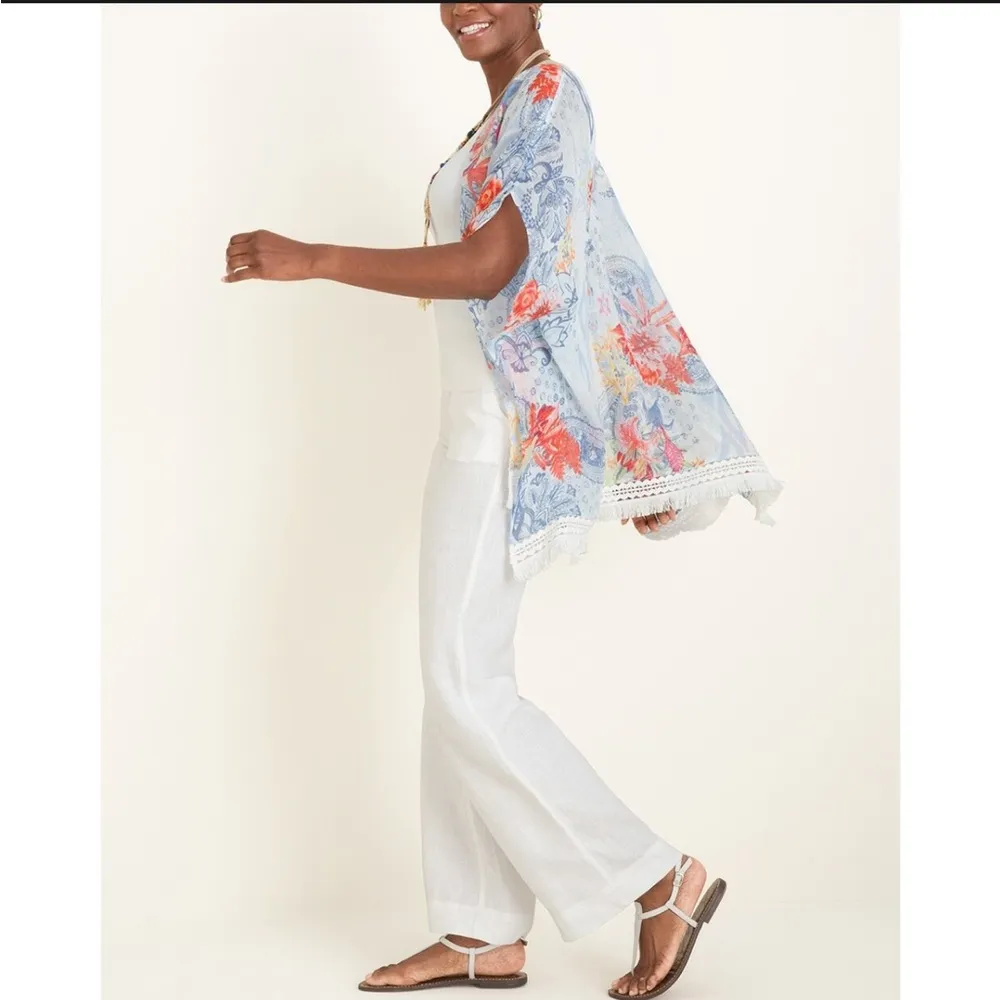 Chico’s Ikat Floral Ruana Wrap Sz S/M Linen Open Front Fringe Hem - Image 3