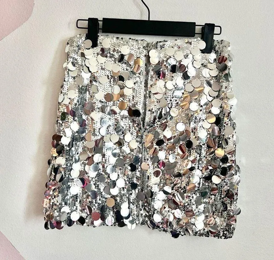 Silver Sequin Mini Skirt, Cyber Y2K, Mermaid, Ibiza Outfits, Festival,Rave,Small - Image 2