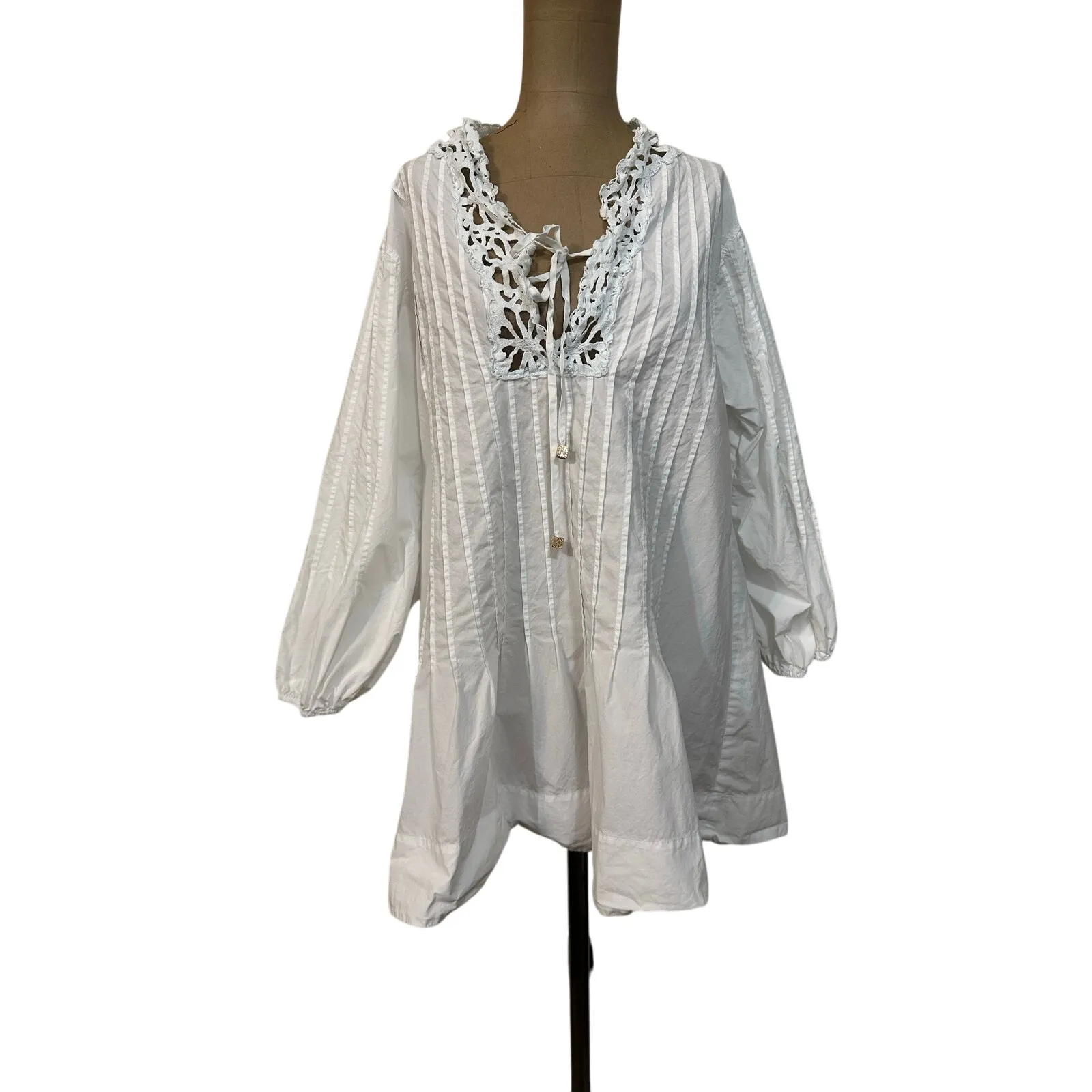 Sandro Mini Dress White Cotton Pintuck Lace Detail Long Sleeve size Small - Image 5