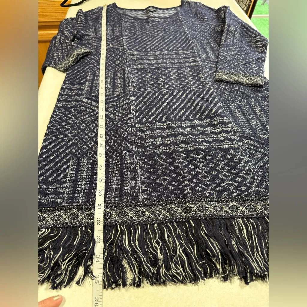 Lucky Brand Fringe Jacquard Mini Sweater Dress Long Sleeves Navy Size L NWT - Image 12