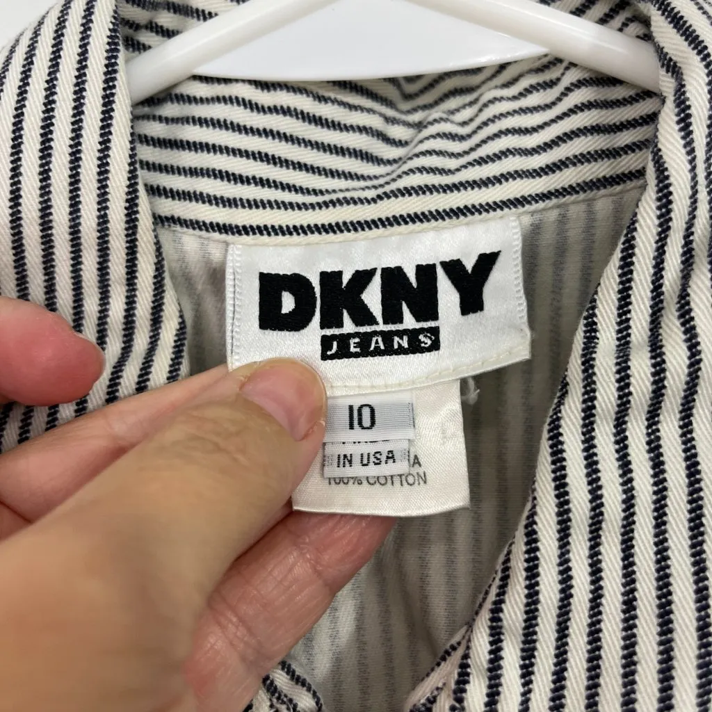 DKNY Size 10 Black, White Striped Cropped Denim Jacket Top - Image 3