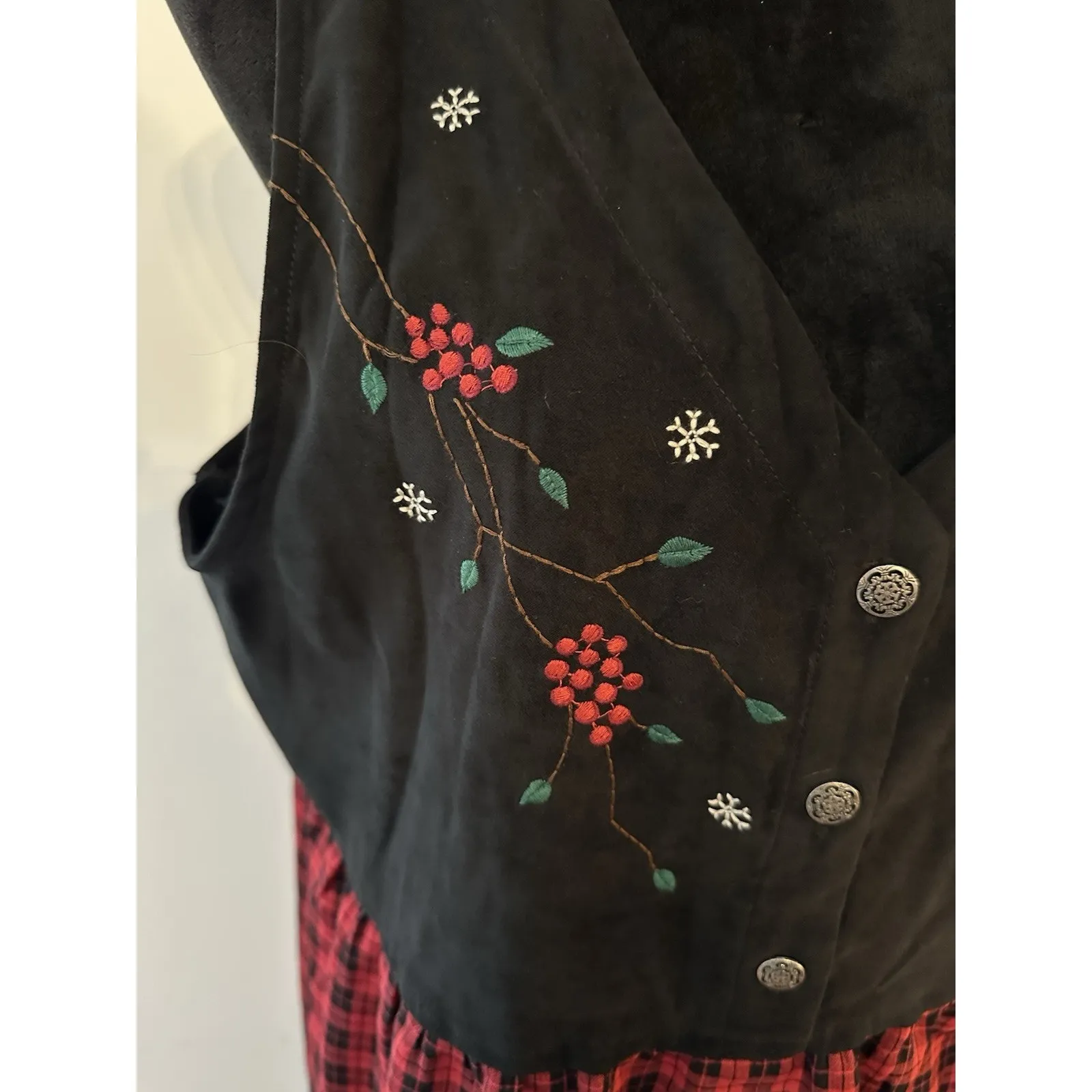 Vintage Bobbie Brooks Jumper Dress Womens XL 16/18 Plaid Embroidery Holiday NEW Red - Image 3