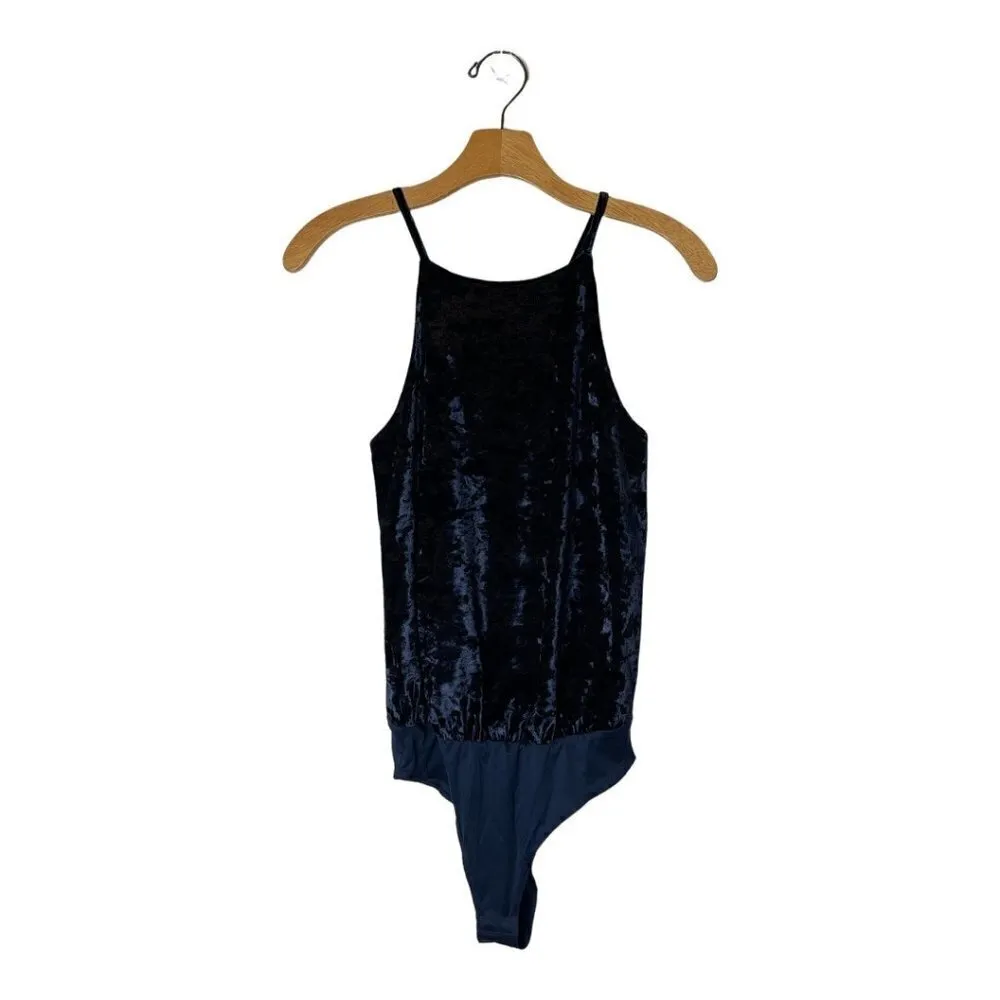Greylin Navy Blue Velvet‎ Spaghetti Strap Halter Neckline Clarissa Bodysuit XS - Image 4