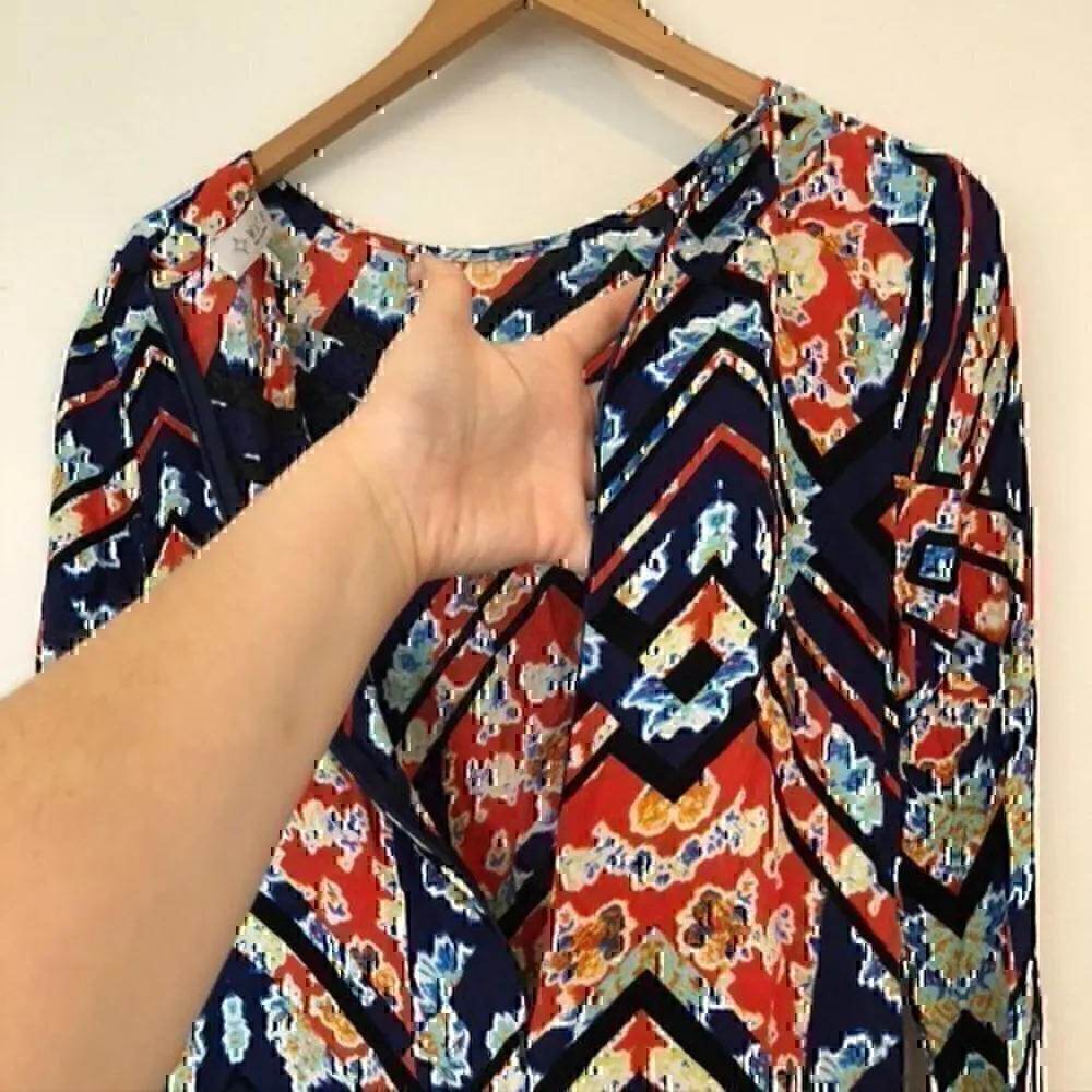 WAYF Red Blue Black Multi Floral Geometric Aztec Boho Long Sleeve Shift Dress XS - Image 11