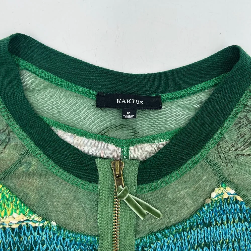Kaktus Mixed Fabric Zip Front Sweater Green Size M - Image 3