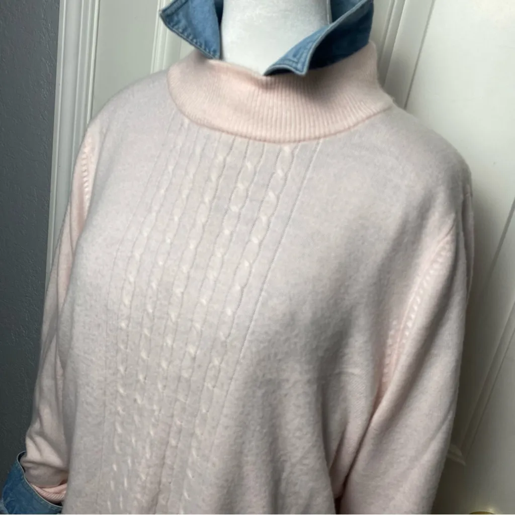 Vintage Allison Daley Pink cable knit mock neck soft demure preppy sweater L - Image 2