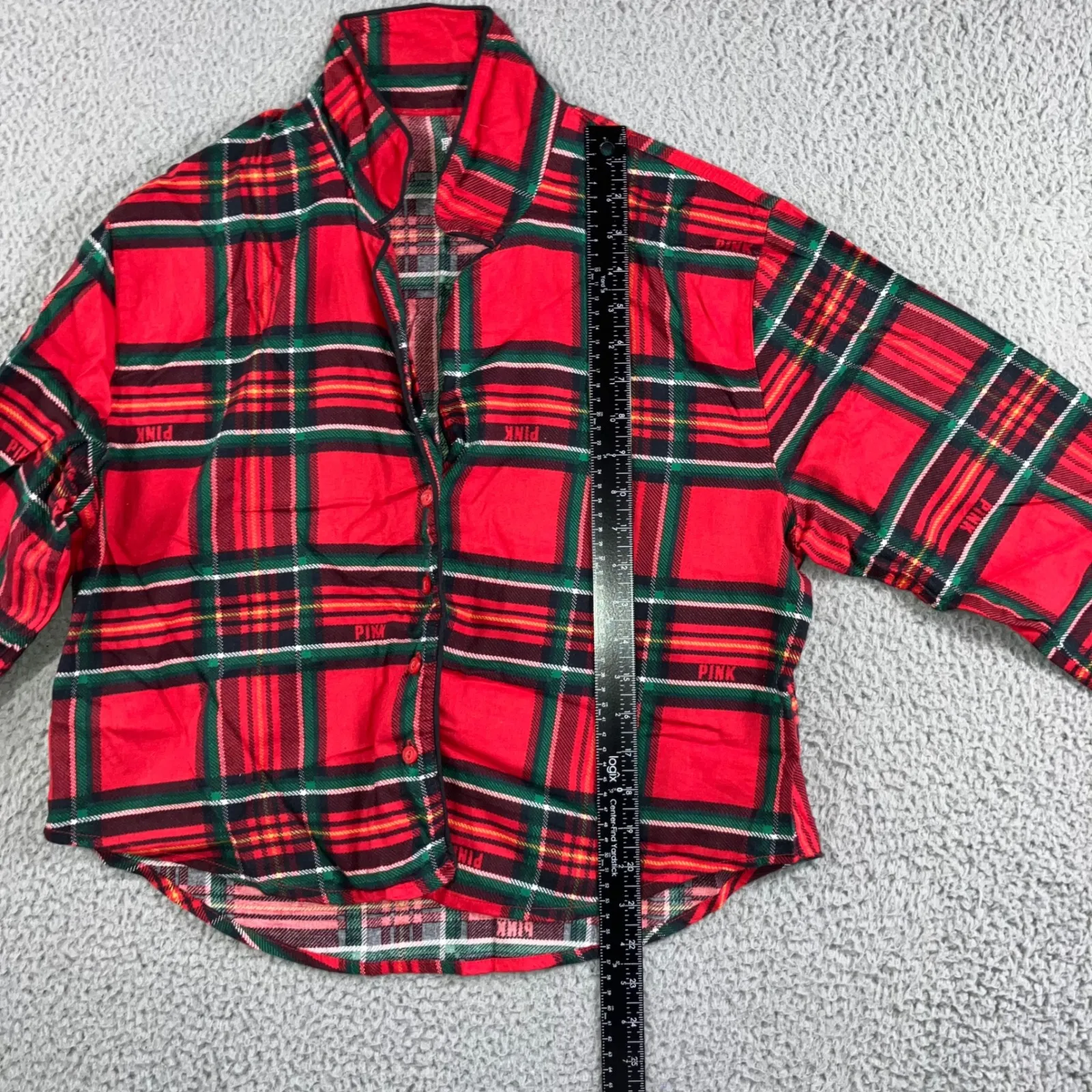 PINK Victoria's Secret Plaid Flannel Pajama Shirt Cropped Red Green Women Medium - Image 5
