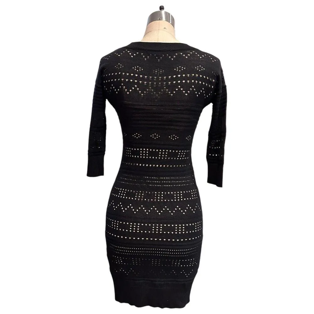 Catherine Malandrino Black Crochet Mini Dress XS Long Sleeve Knit w/ Nude Slip - Image 2