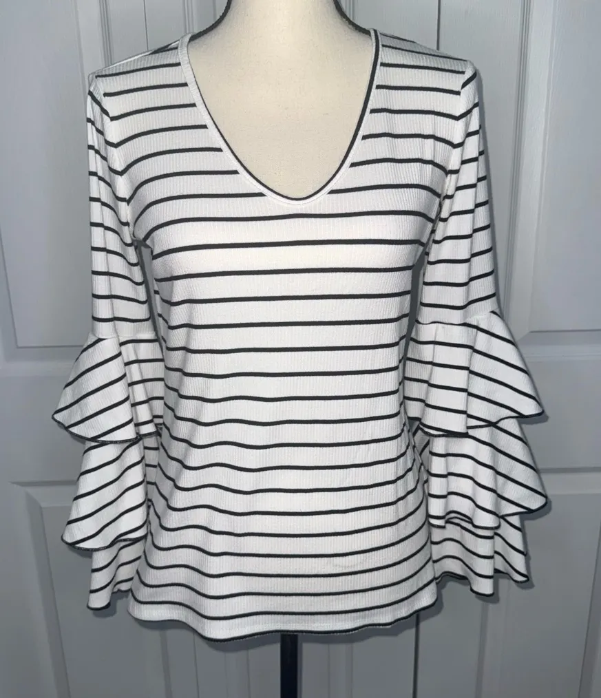 Allison Joy Black and White Striped Ruffle Bell Sleeve Boho Blouse size Small - Image 1
