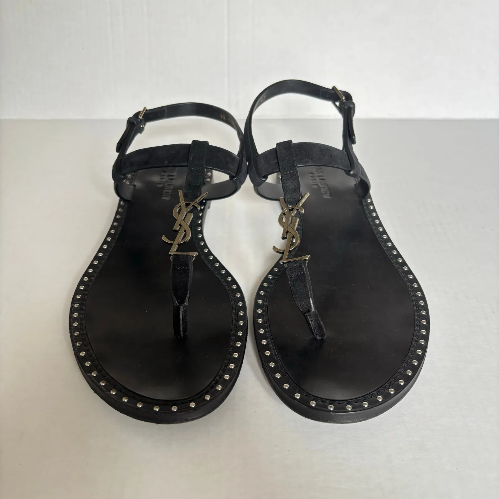 Saint Laurent Cassandra YSL Studded T-Strap Leather Flat Sandals Black Size 42 - Image 2
