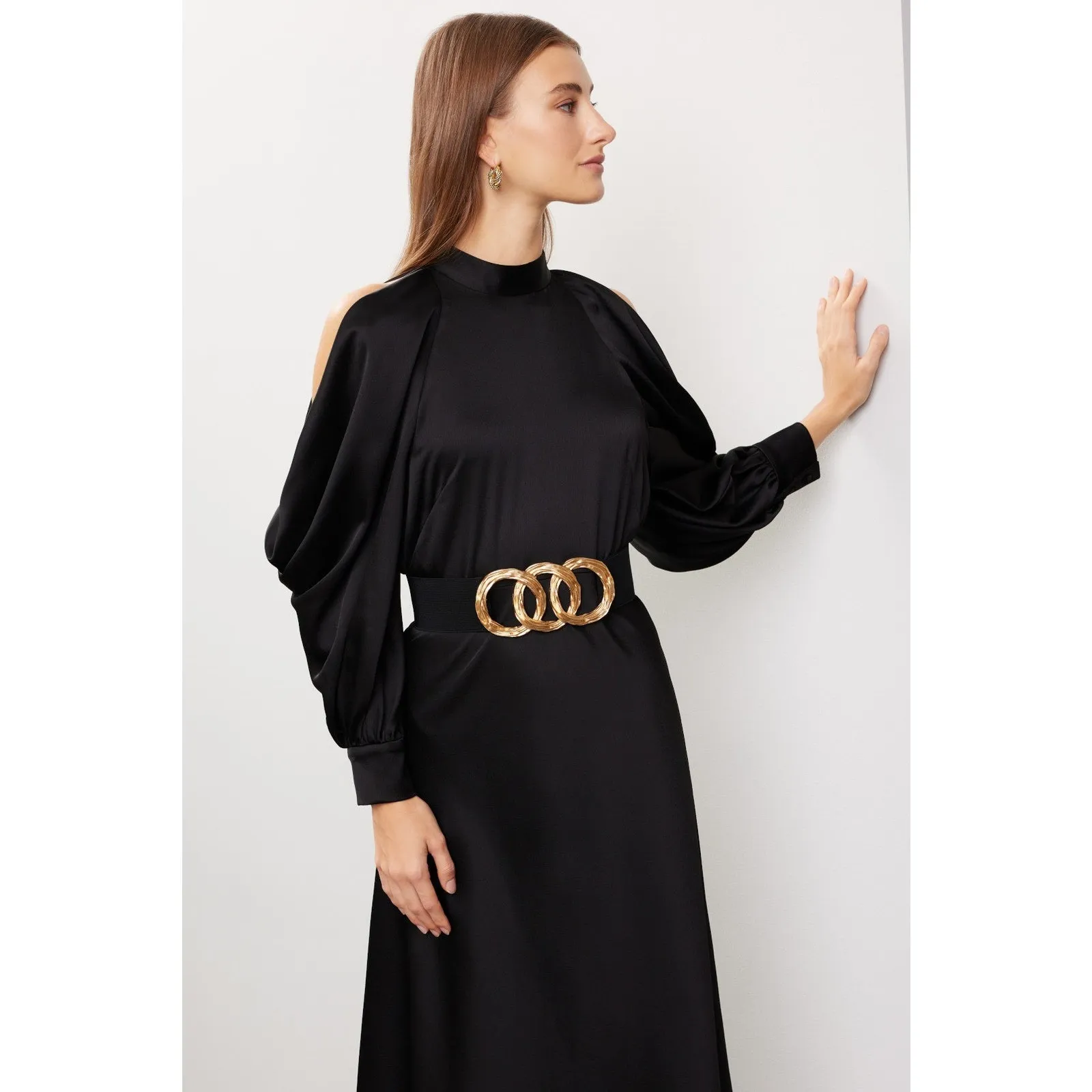 Arias New York Black Mock Neck Cold Shoulder Long Sleeve Cocktail Midi Dress 2 - Image 5
