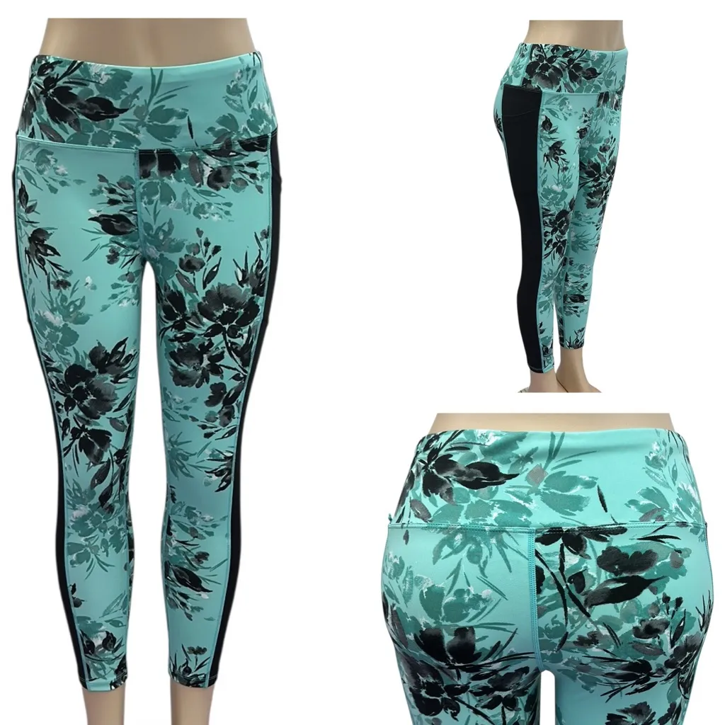 Lularoe Rise Brave Teal and Black Floral Print 3 Pocket Athletic Leggings Large - Image 2