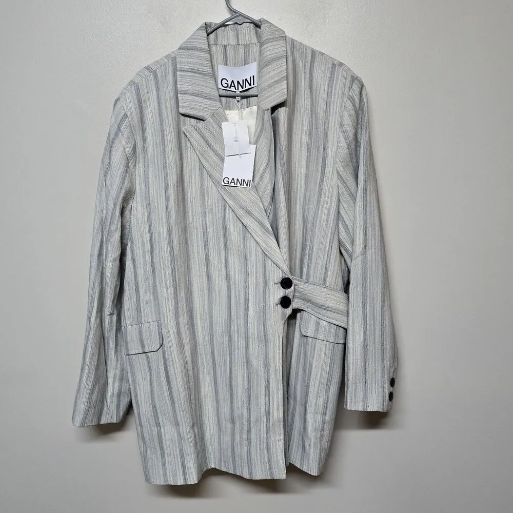 Ganni Womens Belted Phantom Striped Relaxed Jacquard Blazer‎ Sz EU 48 US 18 - Image 2
