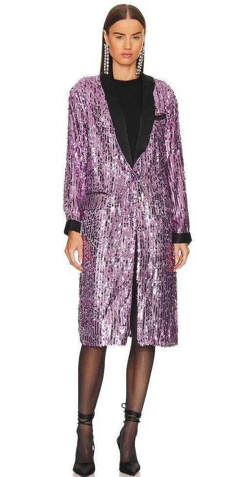 FREE PEOPLE Ella Duster Sequin Purple Combo Black Trim Jacket XS/S Oversized NWT - Image 13