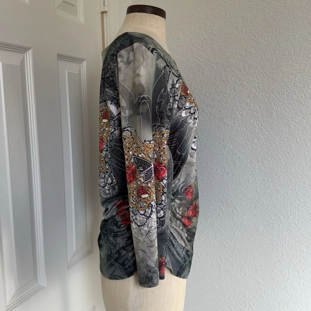 IQ Paris y2k butterfly graphic side rouched blouse Gray Size L - Image 10