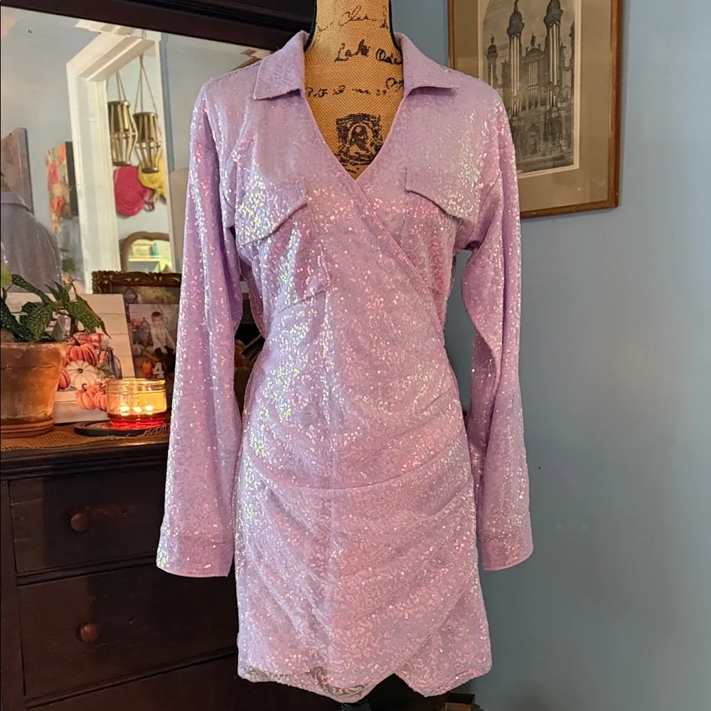Les Lis Purple Lavender Iridescent Sequin Mini Dress - Image 5