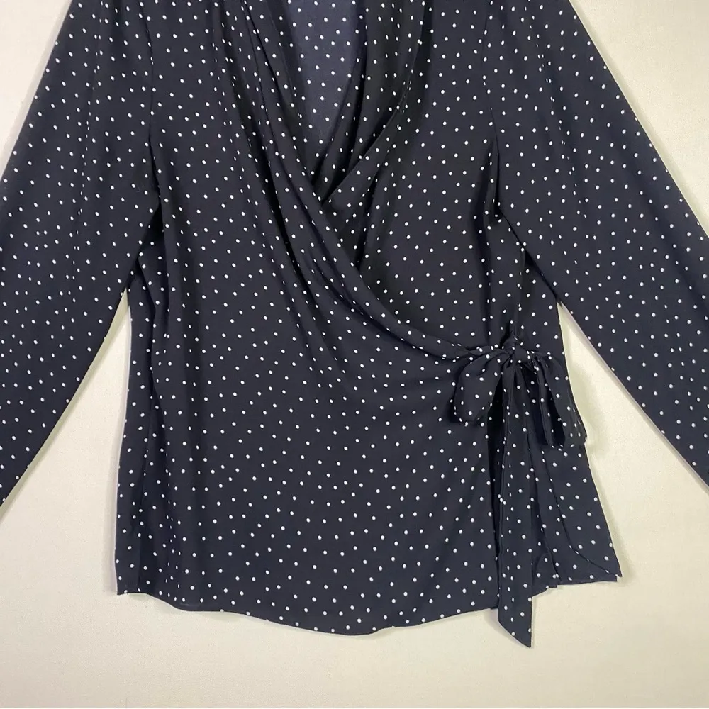Adrianna Pappell polka dot navy blue wrap blouse SMALL lightweight long sleeve - Image 2