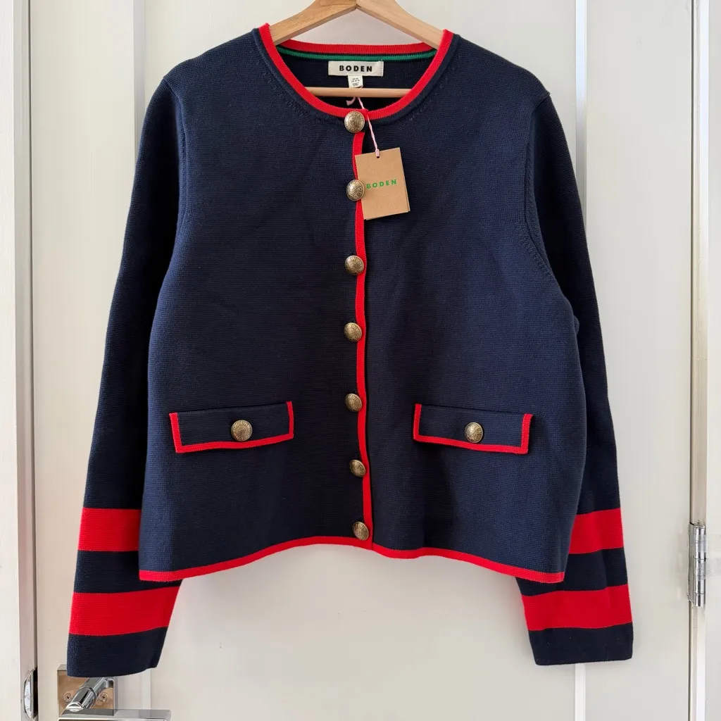Boden Blue 100% Cotton Holly Knitted Cardigan Navy Red Knitted Size 16 - Image 5