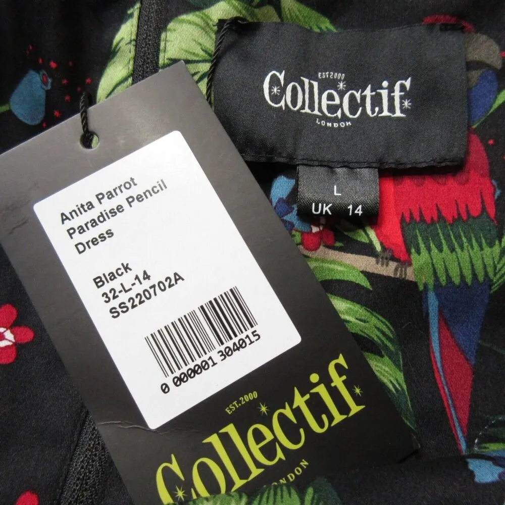 NWT Collectif Anita parrot Paradise in Black Cotton Pencil Dress L / US 10 - Image 4