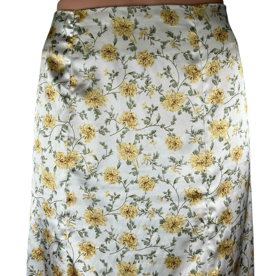 Lulus White Yellow Floral Silk Satin High Waisted Peasant Slip Midi Skirt Size M - Image 4
