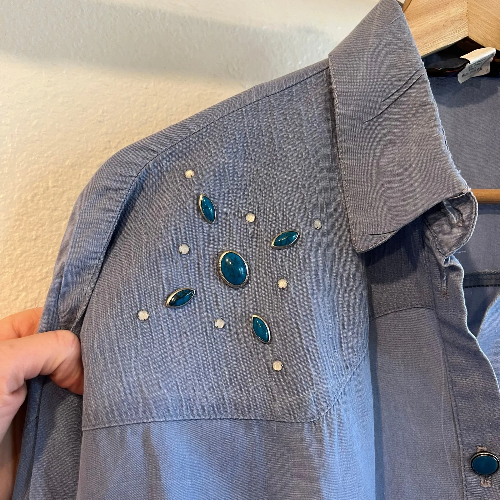 Vintage USA Western Turquoise Stone Button Front Short Sleeve Shirt Size Small Blue - Image 2