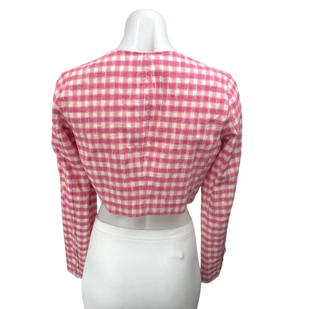 ZARA Women's Pink White Checkered Plaid Long Sleeve Button Shirt Crop Top Size M - Image 2