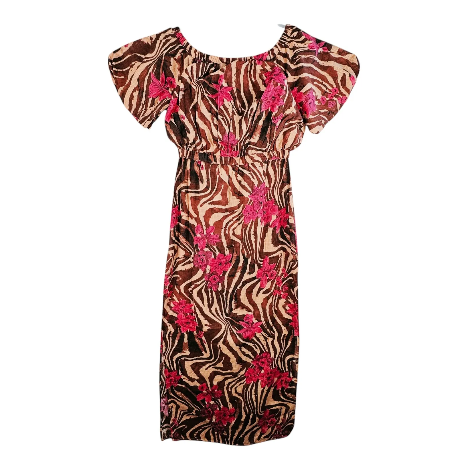 ASOS Maxi Dress Floral Brown Zebra Off Shoulder‎ Sz 8 Resort Vacation Cover Up - Image 2