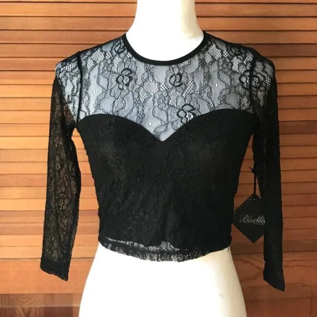 Lip Service Gothic Steampunk Victorian Black Celebration Stretch Lace 3/4 Top S - Image 6