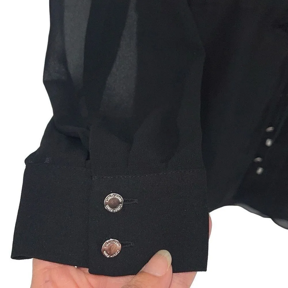 Calvin Klein Womens Sheer Long Sleeve Lined Button Up Shirt Blouse Black Size XS - Image 4