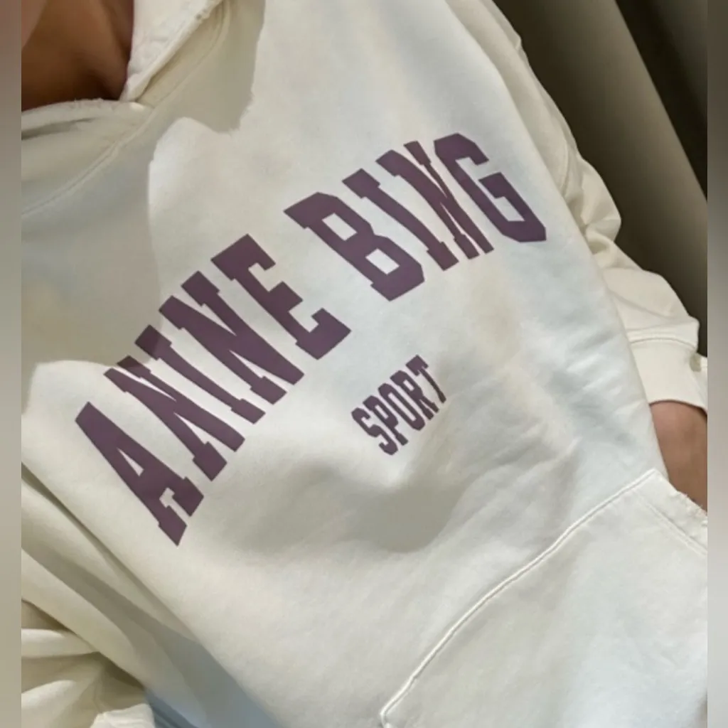 Anine Bing‎ Sport Harvey Womens Cream Hoodie Sweatshirt Purple Letters Sz Large - Image 3
