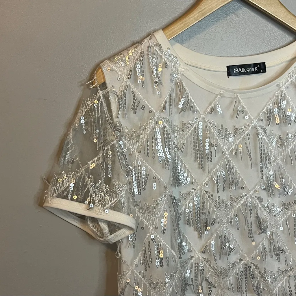 Allegra K  Cream White Sequin Crop Top Large - Image 4